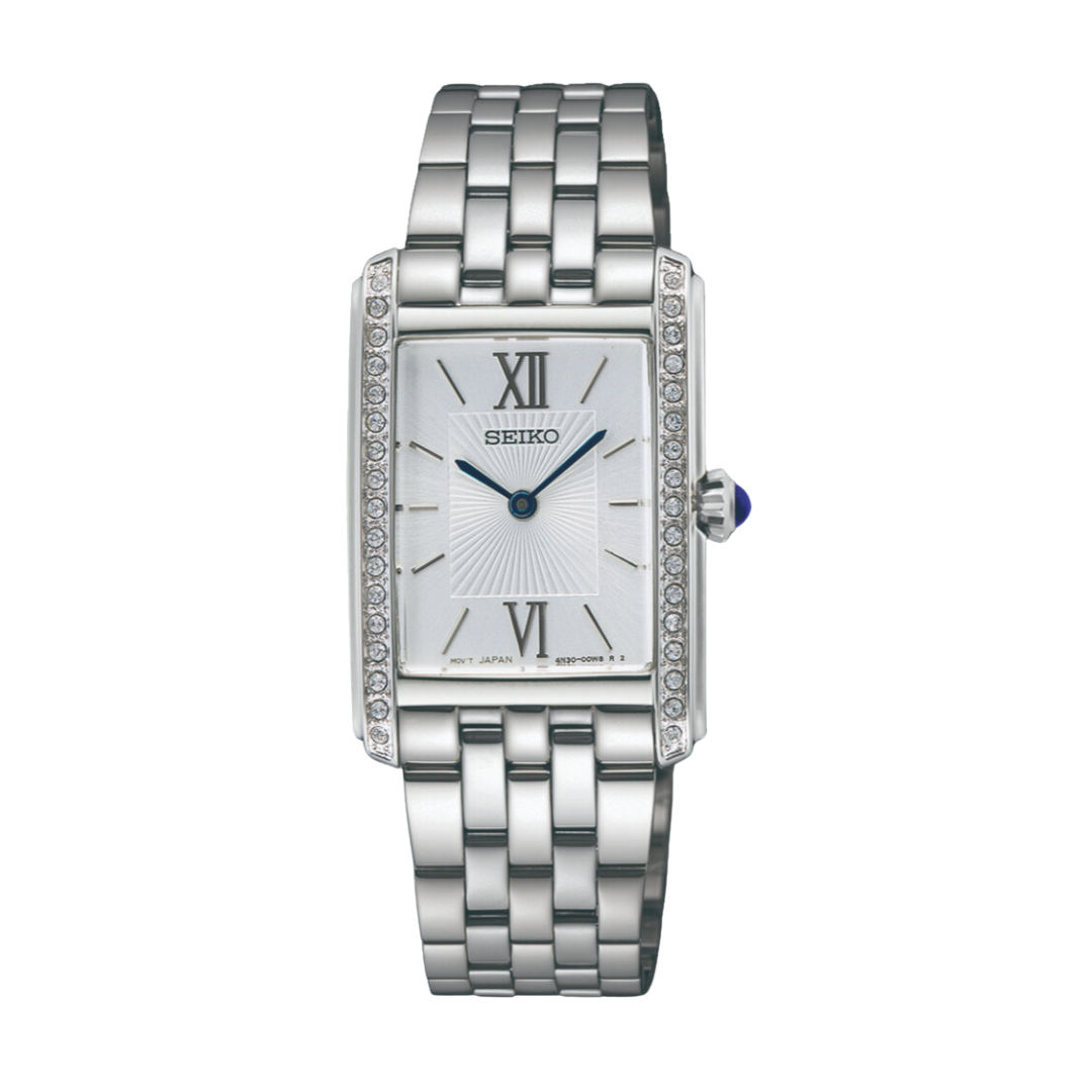 Seiko SWR091P1 crystal bezel silver dial women's watch front view