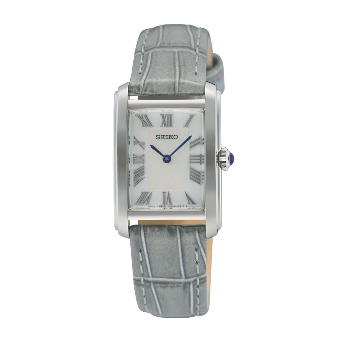 Seiko SWR099P1 silver case mother-of-pearl Roman dial front view