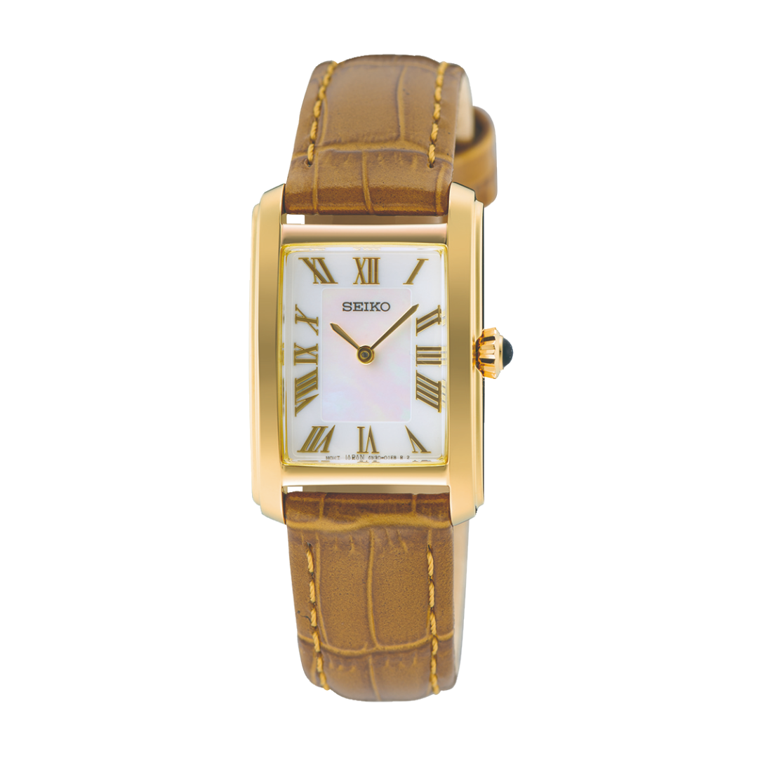 Seiko SWR100P1 gold case mother-of-pearl Roman dial front view