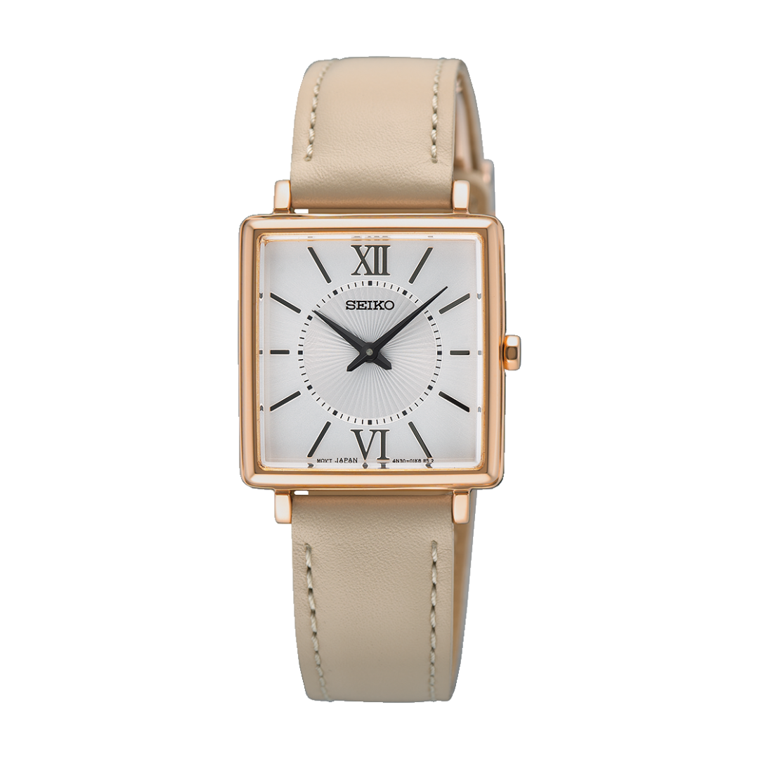 Seiko SWR114P1 rose gold case white dial on beige leather front view