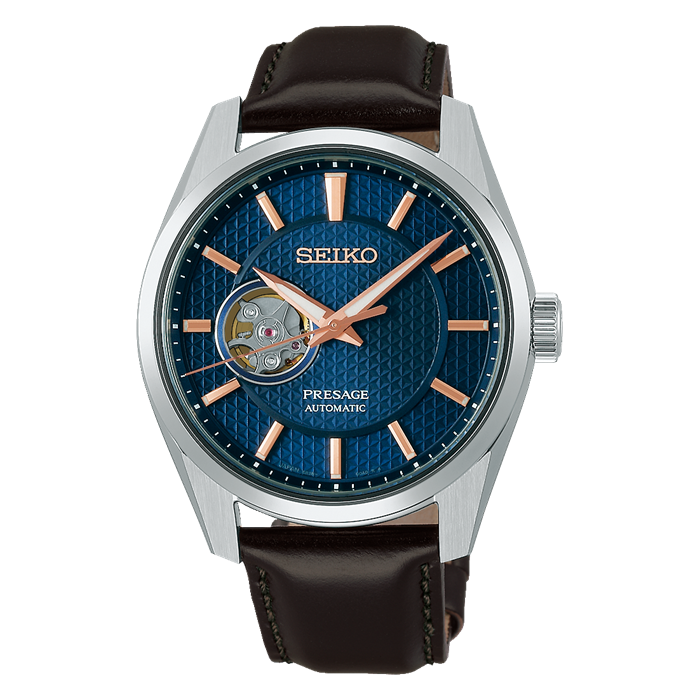 seiko mens blue dial brown leather strap automatic watch