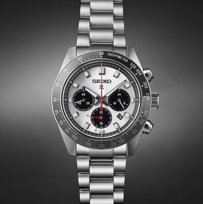 Seiko SSC911P1 Speedtimer silver dial detail with chronograph sub-dials and tachymeter bezel