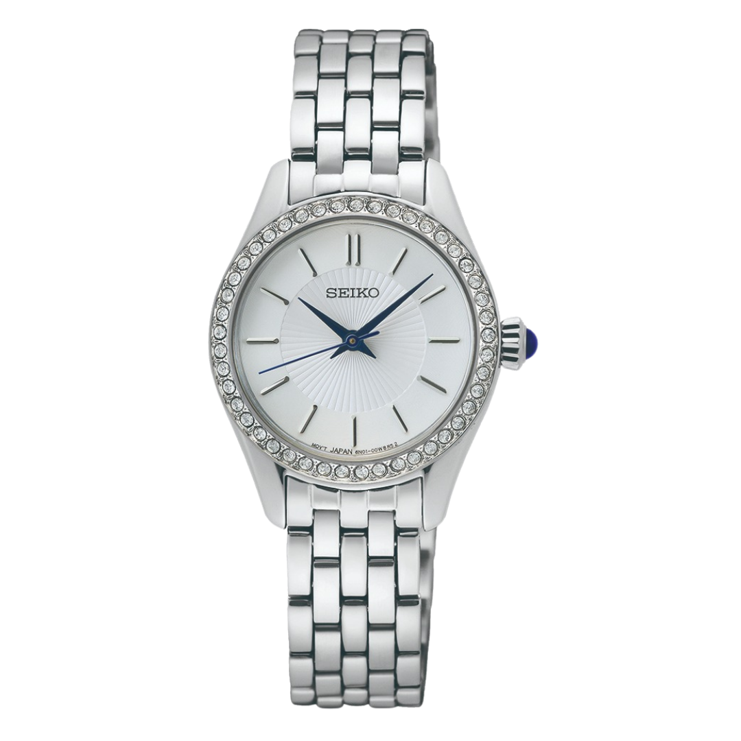 Seiko SUR539P1 all-silver case with 45 crystals silver dial front view