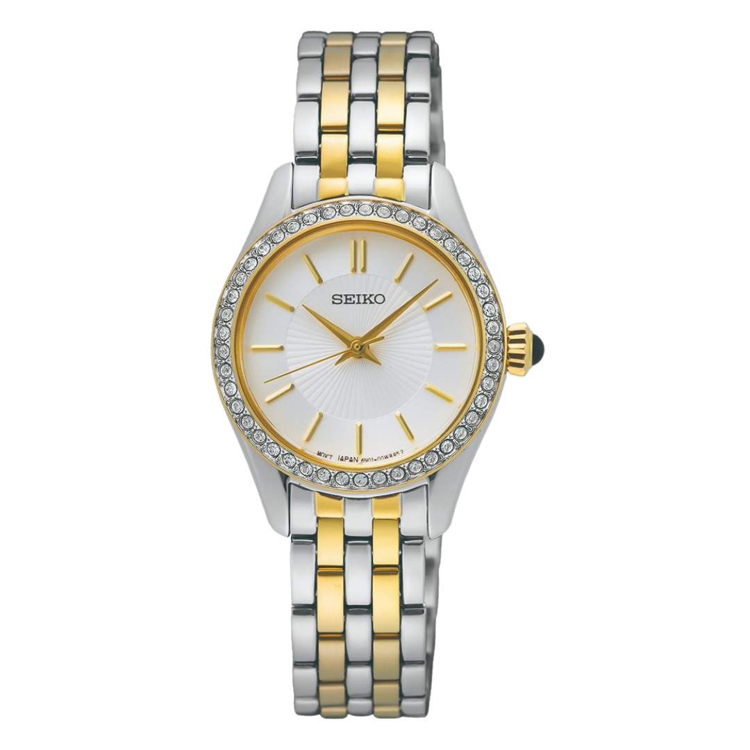 Seiko SUR540P1 silver case with 45 crystals silver dial front view